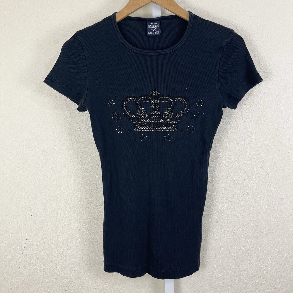 Sledge Vintage Y2K Rhinestone Crown Rib Tee Womens L Large McBling Graphic USA